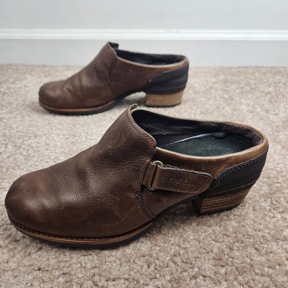 Merrell Oak Brown Leather Womens 7 Mule Clog Shoes Comfort Slip On Block Heel - Picture 1 of 15